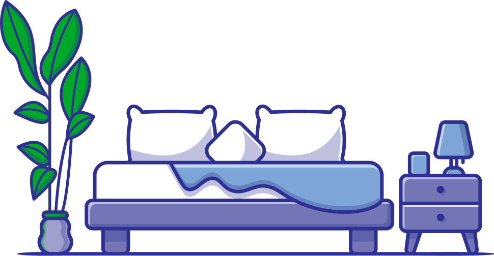Ilustración de una habitación con cama, almohadas y mesa de noche